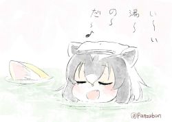 Rule 34 | 10s, 2girls, :d, animal ears, commentary request, common raccoon (kemono friends), closed eyes, fang, fennec (kemono friends), fox ears, grey hair, kemono friends, multiple girls, open mouth, panzuban, partially submerged, raccoon ears, smile, solo focus, towel, towel on head, twitter username, water