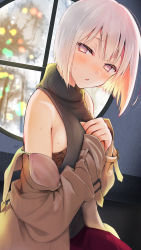 Rule 34 | 1girl, backless dress, backless outfit, bare shoulders, blush, breasts, brown coat, coat, colored inner hair, dress, grey sweater, highres, large breasts, looking at viewer, meme attire, multicolored hair, off shoulder, open clothes, open coat, open mouth, orange hair, original, pants, purple eyes, red pants, short hair, silver hair, sitting, solo, sweater, sweater dress, tomozero, turtleneck, turtleneck sweater, two-tone hair, virgin killer sweater