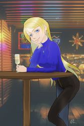 Rule 34 | 1girl, absurdres, alternate hairstyle, artist name, artist request, ayase eli, black pants, blonde hair, blue eyes, blue sweater, blush, breasts, cup, drinking glass, earrings, elbow on table, female focus, hair between eyes, hand on own cheek, hand on own face, highres, holding, holding drinking glass, indoors, jewelry, long hair, long sleeves, looking at viewer, love live!, love live! school idol project, medium breasts, necklace, pants, parted lips, restaurant, smile, solo, sparkle, sweater, table