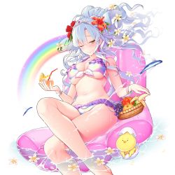Rule 34 | 1girl, bikini, bird, blue hair, bracelet, breasts, chicken, crossed legs, cup, drink, drinking glass, fish, floating hair, flower, flying fish, fruit bowl, giuniu, hair flower, hair ornament, halterneck, hibiscus, holding, holding cup, holding drinking glass, inflatable chair, jewelry, large breasts, light blue hair, long hair, looking at viewer, nail polish, navel, official art, one eye closed, rainbow, sitting, smile, solo, sparkle, swimsuit, transparent background, uchi no hime-sama ga ichiban kawaii, underboob, water, wet, yellow eyes