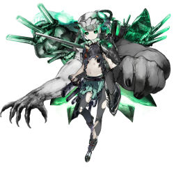 Rule 34 | 10s, 1girl, abyssal ship, armor, black sclera, cannon, colored sclera, corruption, dark persona, derivative work, glowing, glowing eyes, green eyes, kantai collection, konishi (koconatu), pale skin, personification, short hair, simple background, solo, third-party edit, weapon, white background, yutorin kakka, yuubari (kancolle)