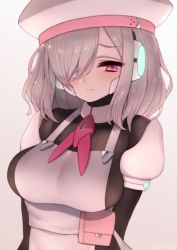 Rule 34 | 1girl, android, apron, bodysuit, breasts, eyepatch, large breasts, looking to the side, original, pink eyes, skin tight, solo, upper body, wavy hair, white hair, yoineya