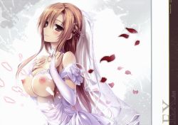 Rule 34 | 10s, 1girl, absurdres, asuna (sao), bare shoulders, blush, breasts, brown eyes, brown hair, cover, cover page, dress, female focus, gradient background, highres, huge filesize, jewelry, karory, large breasts, long hair, nipples, non-web source, scan, see-through, smile, solo, sword art online, wedding, wedding dress
