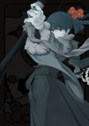 Rule 34 | 1girl, absurdres, bow (weapon), braid, closed mouth, flower, fur trim, greyscale, hair flower, hair ornament, hanafuda, highres, holding, holding bow (weapon), holding weapon, huge filesize, long hair, long sleeves, monochrome, original, red flower, sister plz, solo, spot color, veins, weapon, wide sleeves