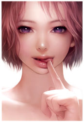 Rule 34 | 1girl, :p, absurdres, aki zake, finger to mouth, highres, lips, looking at viewer, open mouth, original, pink hair, purple eyes, realistic, short hair, simple background, smile, solo, tongue, tongue out, upper body