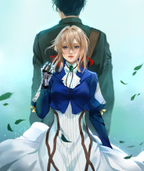 Rule 34 | 1boy, 1girl, back-to-back, black hair, blonde hair, blue eyes, blue jacket, blush, brooch, closed mouth, crying, crying with eyes open, dress, falling leaves, gilbert bougainvillea, green background, hair between eyes, hair intakes, hair ribbon, highres, jacket, jewelry, jyundee, leaf, long hair, long sleeves, mechanical arms, mechanical hands, military, military uniform, prosthesis, prosthetic arm, prosthetic hand, red ribbon, ribbon, short hair, sidelocks, single mechanical hand, skirt, standing, tears, uniform, violet evergarden, violet evergarden (series), white dress, white neckwear, white skirt