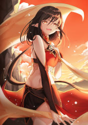 1girl :d absurdres bad_id bad_pixiv_id black_hair breasts bridal_gauntlets dancer detached_sleeves hand_on_own_chest highres kuro_(rudyan0128) long_hair looking_at_viewer low_ponytail medium_breasts midriff navel open_mouth orange_eyes original pointy_ears shawl smile solo sunset teeth upper_teeth_only very_long_hair