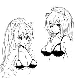Rule 34 | 2girls, :&lt;, animal ear fluff, animal ears, arknights, bare shoulders, bikini, breasts, cat ears, collarbone, commentary, cropped torso, english commentary, eyelashes, greyscale, hair between eyes, highres, kentumatsu, large breasts, lion ears, long hair, looking at viewer, monochrome, multiple girls, ponytail, schwarz (arknights), siege (arknights), simple background, swimsuit, upper body, white background