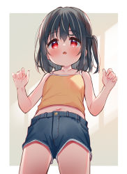 Rule 34 | 1girl, :o, bare arms, bare shoulders, black hair, black shorts, blush, camisole, commentary, hair between eyes, hands up, highres, looking at viewer, meito (maze), midriff, navel, one side up, original, parted lips, red eyes, short shorts, shorts, solo, symbol-only commentary, yellow camisole