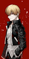 Rule 34 | 1boy, bad id, bad pixiv id, black jacket, black pants, blonde hair, closed mouth, dress shirt, fate/stay night, fate (series), gilgamesh (fate), hair between eyes, hand in pocket, highres, jacket, long sleeves, looking at viewer, none (kameko227), official alternate costume, open clothes, open jacket, pants, profile, red background, red eyes, shirt, solo, standing, white shirt