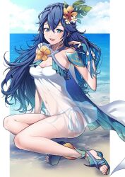 Rule 34 | 1girl, adjusting hair, alternate costume, ameno (a meno0), beach, bikini, blue eyes, blue footwear, blue hair, breasts, crest, criss-cross halter, family crest, fire emblem, fire emblem awakening, flower, hair flower, hair ornament, halterneck, leaf hair ornament, legs, long hair, looking at viewer, lucina (fire emblem), navel, nintendo, open mouth, sandals, sitting, small breasts, smile, solo, sweater, swimsuit, toenails, toes, white bikini, white sweater