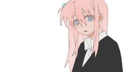 Rule 34 | 1girl, black jacket, blue eyes, blush, bocchi the rock!, bright pupils, collared shirt, commentary, ear blush, gotoh hitori, highres, jacket, long hair, looking at viewer, parted lips, pink hair, shirt, simple background, solo, sweatdrop, upper body, white background, white pupils, white shirt, yanlingjinshilihuahua