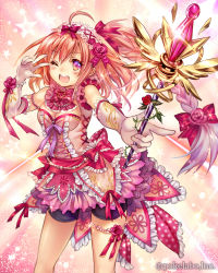 Rule 34 | 1girl, ahoge, bare shoulders, blush, bow, bracelet, braid, breasts, cleavage, company name, cowboy shot, dress, eikou no guardian battle, elbow gloves, eyebrows, flower, foreshortening, frilled dress, frills, gloves, hair between eyes, hair ribbon, headdress, highres, holding, holding wand, holding weapon, jewelry, leaf, long hair, looking at viewer, madogawa, medium breasts, multicolored eyes, official art, one eye closed, open mouth, outstretched arm, pink dress, pink eyes, purple eyes, ribbon, rose, single braid, solo, sparkle, star (symbol), thorns, v, wand, weapon, wings, yellow eyes