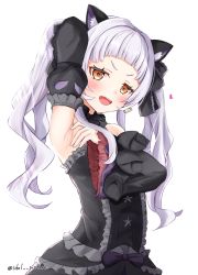 Rule 34 | 1girl, :d, animal ear fluff, animal ears, arm up, armpits, black dress, blush, breasts, brown eyes, cat ears, commentary request, detached sleeves, dress, ex idol, frilled sleeves, frills, hand up, highres, hololive, long hair, long sleeves, looking at viewer, murasaki shion, murasaki shion (gothic lolita), open mouth, presenting armpit, short eyebrows, silver hair, simple background, smile, solo, twitter username, upper body, v-shaped eyebrows, virtual youtuber, white background, wide sleeves