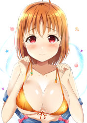 Rule 34 | 10s, 1girl, ahoge, bare shoulders, bikini, blush, breasts, cleavage, collarbone, commentary request, front-tie bikini top, front-tie top, hands up, large breasts, looking at viewer, love live!, love live! sunshine!!, morerin, orange bikini, orange hair, red eyes, short hair, smile, solo, strap lift, strap slip, swimsuit, takami chika, untied bikini, upper body