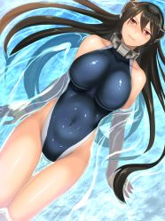 Rule 34 | 10s, 1girl, bad id, bad pixiv id, black hair, competition swimsuit, eko, female focus, headgear, highleg, highleg swimsuit, highres, kantai collection, long hair, nagato (kancolle), one-piece swimsuit, partially submerged, red eyes, solo, swimsuit, thigh gap