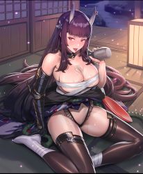 Rule 34 | absurdres, bare shoulders, breasts, evertale, gloves, highres, horns, japanese clothes, large breasts, lips, looking at viewer, non-web source, on floor, oni, oni horns, red eyes, sarashi, thighhighs, tongue, tongue out
