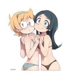 Rule 34 | 2girls, aqua bikini, aqua eyes, bad id, bad pixiv id, barbara parker, bare shoulders, bikini, black bikini, black hair, blonde hair, from side, glasses, highres, holding hands, little witch academia, long hair, looking at viewer, lotte jansson, multiple girls, once 11h, short hair, simple background, smile, standing, swimsuit, upper body, white background
