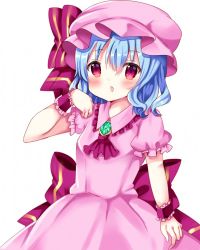 Rule 34 | 1girl, ascot, blue hair, blush, brooch, chocolat (momoiro piano), collared dress, commentary request, dress, frilled shirt collar, frills, hair between eyes, hat, jewelry, mob cap, parted lips, pink dress, pink hat, puffy short sleeves, puffy sleeves, purple ascot, red eyes, remilia scarlet, short sleeves, simple background, solo, touhou, white background, wrist cuffs