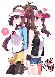 Rule 34 | 2girls, arm at side, averting eyes, back-to-back, badluck2033, bare shoulders, baseball cap, black pantyhose, black vest, blue eyes, blue shorts, blue sleeves, blush, breasts, bright pupils, brown hair, closed mouth, cowboy shot, creatures (company), cropped legs, double bun, doughnut hair bun, female focus, game freak, green eyes, hair between eyes, hair bun, happy, hat, heart, high ponytail, hilda (pokemon), holding hands, interlocked fingers, japanese text, long hair, long sleeves, looking at another, looking back, looking up, multiple girls, nintendo, open clothes, open vest, pantyhose, pink headwear, pocket, poke ball theme, pokemon, pokemon bw, pokemon bw2, raglan sleeves, raised eyebrows, rosa (pokemon), shiny clothes, shiny skin, shirt, short shorts, shorts, shy, sidelocks, simple background, sleeveless, sleeveless shirt, small breasts, smile, speech bubble, split mouth, standing, thighs, translation request, twintails, vest, visor cap, wavy mouth, white background, white pupils, white shirt, wristband, yellow shorts, yuri