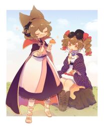 Rule 34 | 2girls, ashiyu (ashu-ashu), black cape, black skirt, blue sky, brown eyes, brown hair, cape, closed eyes, cloud, coat, commentary request, commission, dress, drill hair, earmuffs, eating, eyewear on head, fang, food, full body, holding, holding food, multiple girls, open mouth, outdoors, pointy ears, pointy hair, purple coat, round eyewear, sitting, skeb commission, skin fang, skirt, sky, standing, sunglasses, touhou, toyosatomimi no miko, twin drills, white dress, yorigami jo&#039;on