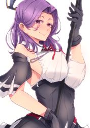 Rule 34 | 1girl, bare shoulders, between breasts, black gloves, breasts, capelet, covered erect nipples, gloves, halo, high-waist skirt, kantai collection, large breasts, long hair, looking at viewer, mechanical halo, no bra, polearm, purple eyes, purple hair, sakusakusakurai, simple background, skirt, smile, solo, tatsuta (kancolle), tatsuta kai ni (kancolle), underbust, upper body, weapon, white background