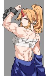 Rule 34 | 1girl, absurdres, asuka shirou, back, biceps, blonde hair, chain, expressionless, flexing, grey background, highres, horns, hoshiguma yuugi, japanese clothes, muscular, muscular female, oni, pointy ears, red eyes, sarashi, simple background, single horn, solo, star (symbol), touhou