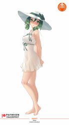 arms_behind_back barefoot bow character_name copyright_name crazzeffect dress freckles from_side green_bow green_eyes green_hair green_ribbon halterneck hat hat_ribbon highres looking_at_viewer patreon_logo patreon_username ribbon see-through_clothes signature standing sundress unicorn_overlord white_hat yahna_(unicorn_overlord)