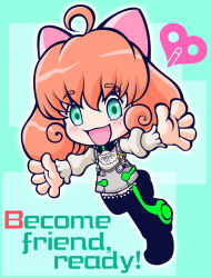 Rule 34 | 1girl, :d, ahoge, blush, bow, chibi, curly hair, dress, english text, facing viewer, freckles, full body, green eyes, hair bow, hair ornament, hair ribbon, happy, highres, key, leg up, long sleeves, looking at viewer, open mouth, orange hair, outstretched arms, penny polendina, pink bow, pink ribbon, ribbon, rwby, short hair, skirt, smile, solo, standing, standing on one leg, thighhighs, tongue, wind up key, winding key