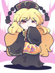 Rule 34 | 1girl, animal print, belt, bird print, blonde hair, blush, bow, bowtie, chahan (fried rice0614), chibi, chinese clothes, closed mouth, commentary request, crescent, dress, energy, full body, grey dress, grey hat, hand up, hat, highres, junko (touhou), long hair, long sleeves, looking at another, one-hour drawing challenge, orange vest, phoenix crown, phoenix print, pom pom (clothes), purple belt, red eyes, shadow, simple background, smile, solo, standing, tabard, touhou, vest, white background, wide sleeves, yellow bow, yellow bowtie