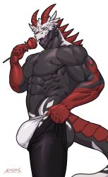 Rule 34 | 1boy, abs, amonsyd, animal skull, bara, briefs, bulge, bulge lift, dragon boy, dragon horns, dragon tail, feet out of frame, flower, from side, furry, furry male, gradient skin, highres, holding, holding flower, horns, i&#039;ve never seen a guy recreate this successfully tbh (meme), large bulge, large pectorals, male focus, male underwear, meme, muscular, muscular male, navel, open pants, original, pants, pants lift, pectorals, red flower, red rose, rose, skull on head, solo, spikes, standing, stomach, tail, topless male, undersized clothes, underwear, white male underwear