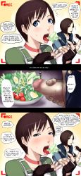 Rule 34 | 1boy, 2girls, blue eyes, blush, brown eyes, brown hair, capcom, censored, choker, clueless, comic, cum, cum on food, earrings, egg, ejaculation, english text, food, gokkun, highres, jewelry, jill valentine, lettuce, masturbation, multiple girls, open mouth, penis, rebecca chambers, resident evil, salad, sawao, short hair, third-party edit, tomato, tongue, tongue out, translated, upper body, what