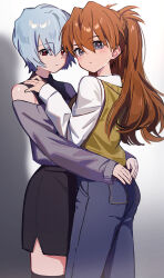Rule 34 | 2girls, absurdres, ass, ayanami rei, black shirt, black skirt, blue hair, blue pants, brown hair, brown sweater vest, commentary, cowboy shot, denim, grey eyes, grey shirt, hajikkoneko, hand on another&#039;s shoulder, hands on another&#039;s waist, highres, hug, jeans, long hair, looking at viewer, multiple girls, neon genesis evangelion, off shoulder, pants, parted lips, pencil skirt, red eyes, shirt, short hair, skirt, souryuu asuka langley, sweater vest, symbol-only commentary, white shirt, yuri