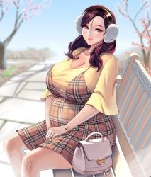 Rule 34 | 1girl, artist name, bag, bench, beryl (junkpuyo), blue eyes, breasts, brown dress, brown hair, checkered clothes, checkered dress, cherry blossoms, collarbone, dress, earmuffs, female focus, handbag, highres, huge breasts, jewelry, junkpuyo, lipstick, long hair, looking at viewer, makeup, maternity dress, necklace, original, outdoors, pregnant, ring, shirt, sitting, sky, solo, watch, wedding band, wedding ring, wide sleeves, winter, wristwatch, yellow shirt