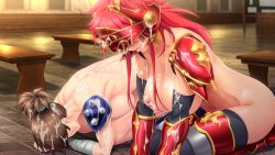 Rule 34 | 2girls, blush, bowing, breasts, brown hair, collar, cum, cum on body, cum on breasts, cum on hair, cum on upper body, dogeza, facial, floor, functionally nude, game cg, helmet, huracan, indoors, kyonyuu onna senshi dogeza saimin, large breasts, legs, long hair, multiple girls, nipples, original, parted lips, ponytail, prostration, red hair, scar, short ponytail, shoulder pads, sitting, stella fons, sweat, thighhighs, thighs