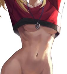 Rule 34 | 1girl, arms up, blonde hair, bottomless, breasts, commentary, crop top, crop top overhang, english commentary, fate/apocrypha, fate (series), head out of frame, jewelry, long hair, long sleeves, looking at viewer, mordred (fate), mordred (fate/apocrypha), navel, necklace, no bra, pendant, ponytail, sidelocks, simple background, small breasts, tonee, underboob, white background