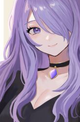 Rule 34 | 1girl, alternate costume, black shirt, breasts, camilla (fire emblem), cleavage, closed mouth, collarbone, commentary request, commission, fire emblem, fire emblem fates, hair over one eye, highres, large breasts, long hair, looking at viewer, nintendo, one eye covered, purple eyes, purple hair, shirt, skeb commission, smile, solo, very long hair, wavy hair, yuurururun