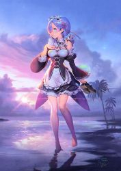 Rule 34 | 10s, 1girl, bare legs, bare shoulders, barefoot, beach, blue eyes, blue hair, blue sky, blunt bangs, breasts, cleavage, cloud, cloudy sky, commentary request, detached sleeves, frilled sleeves, frills, full body, hair ornament, hair over one eye, hair ribbon, hand on own chest, holding, holding shoes, looking to the side, maid, maid headdress, mandrill, medium breasts, ocean, outdoors, palm tree, parted lips, pink ribbon, re:zero kara hajimeru isekai seikatsu, rem (re:zero), ribbon, ribbon-trimmed clothes, ribbon trim, roswaal mansion maid uniform, sand, shoes, unworn shoes, short hair, signature, sky, solo, standing, standing on one leg, sun, sunlight, sunset, tree, underbust, wading, water, x hair ornament
