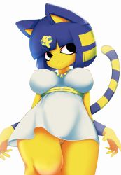 Rule 34 | 1girl, :&lt;, absurdres, animal crossing, animal ears, ankha (animal crossing), ashraely, bad id, bad pixiv id, black eyes, blue hair, blunt bangs, blush, bob cut, breasts, cat ears, cat tail, cleft of venus, closed mouth, collarbone, covered erect nipples, dress, egyptian, female focus, furry, furry female, groin, hair ornament, highres, large breasts, light blush, looking to the side, navel, nintendo, no panties, pussy, see-through, short dress, short hair, simple background, snake hair ornament, solo, standing, tail, thighs, uncensored, white dress, wide hips, wristband