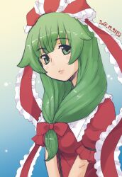 Rule 34 | 1girl, blue background, blunt bangs, blush, bow, breasts, closed mouth, commentary request, dated, dress, frilled dress, frilled ribbon, frilled sleeves, frills, front ponytail, gradient background, green eyes, green hair, hair bow, hair ribbon, highres, kagiyama hina, kei jiei, long hair, looking at viewer, medium breasts, one-hour drawing challenge, puffy short sleeves, puffy sleeves, red dress, red ribbon, ribbon, short sleeves, smile, solo, touhou, upper body