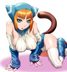 Rule 34 | 1girl, animal hood, bare shoulders, blue eyes, boots, breasts, breath of fire, breath of fire v, cat hood, cat tail, detached sleeves, fingerless gloves, gloves, hood, knee boots, large breasts, lin (breath of fire), orange hair, short hair, solo, tail, thighhighs, ueyama michirou