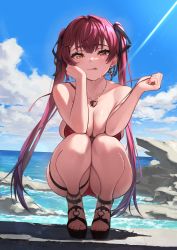 Rule 34 | 1girl, :q, absurdres, bikini, black footwear, black ribbon, blue sky, breasts, cloud, day, full body, hair ribbon, heart, heart necklace, heterochromia, highres, hololive, houshou marine, houshou marine (summer), huge filesize, jewelry, kojy, large breasts, long hair, looking at viewer, necklace, ocean, outdoors, red bikini, red eyes, red hair, ribbon, sandals, sky, smile, solo, squatting, sunlight, swimsuit, thighs, toenails, toes, tongue, tongue out, twintails, virtual youtuber, yellow eyes