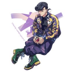Rule 34 | 1boy, black hair, boots, can, drink can, green eyes, higashikata josuke, highres, jacket, jojo no kimyou na bouken, male focus, pants, pompadour, shoes, sneakers, soda can, solo, track jacket, track pants, track suit, transparent background