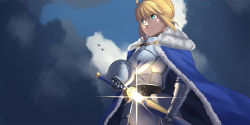 Rule 34 | absurdres, ahoge, armor, armored dress, artoria pendragon (all), artoria pendragon (fate), avalon (fate/stay night), bird, blonde hair, breastplate, cape, cloud, excalibur (fate/stay night), fate/grand order, fate/stay night, fate (series), fork (357022), fur-trimmed cape, fur trim, green eyes, highres, saber (fate), solo, type-moon