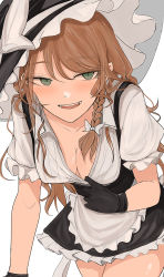Rule 34 | 1girl, :d, apron, black dress, black gloves, blush, braid, breasts, brown hair, cleavage, collarbone, commentary request, dress, gloves, green eyes, hat, highres, kirisame marisa, leaning forward, long hair, medium breasts, necro (nekurodayo), open mouth, puffy short sleeves, puffy sleeves, short sleeves, side braid, simple background, single braid, smile, solo, swept bangs, touhou, waist apron, white background, witch hat