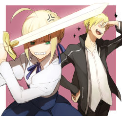 1boy 1girl ahoge anger_vein artoria_pendragon_(all) artoria_pendragon_(fate) black_jacket blonde_hair casual clenched_teeth dress excalibur_(fate/stay_night) fate/stay_night fate_(series) gilgamesh_(fate) gilgamesh_(immoral_biker_jacket)_(fate) green_eyes hair_ribbon jacket nakahara_(mu_tation) no_nose official_alternate_costume red_eyes ribbon saber_(fate) short_hair sparkle sword teeth track_jacket weapon