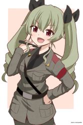 Rule 34 | 1girl, :d, absurdres, anchovy (girls und panzer), anzio military uniform, belt, black necktie, black ribbon, black shirt, commentary, cowboy shot, dated, dress shirt, drill hair, girls und panzer, green hair, grey jacket, grey pants, hair ribbon, hand on own hip, highres, jacket, long hair, long sleeves, looking at viewer, military, military uniform, necktie, one-hour drawing challenge, open mouth, outside border, pants, pink background, red eyes, ribbon, riding crop, sam browne belt, shirt, smile, solo, standing, twin drills, twintails, uniform, wing collar, yuuki koutarou
