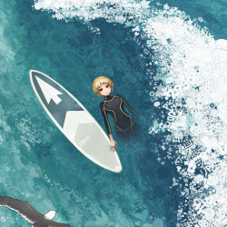 Rule 34 | 1girl, afloat, androgynous, bird, black eyes, blonde hair, bodysuit, commentary, cursor, diving suit, floating, highres, icon (computing), looking up, original, pun, solo, surfboard, water, waves, wetsuit, wide shot, yajirushi (chanoma)