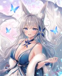 Rule 34 | 1girl, :d, animal ear fluff, animal ears, azur lane, bare shoulders, blue butterfly, blue dress, blue eyes, blurry, blush, breasts, bug, butterfly, choker, cleavage, covered erect nipples, depth of field, dress, feather boa, fox ears, fox girl, fur, glowing, grey hair, hair ornament, highres, insect, jewelry, large breasts, light particles, long hair, looking at viewer, mirukurim, multiple tails, open mouth, pendant, ribbon, sash, shawl, shinano (azur lane), shinano (dreams of the hazy moon) (azur lane), sleeveless, sleeveless dress, smile, solo, tail, upper body, wrist ribbon