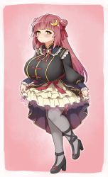 Rule 34 | 1girl, absurdres, blunt bangs, blush, border, breasts, character request, closed mouth, commentary request, copyright request, crescent, crescent hair ornament, double bun, dress, full body, hair bun, hair ornament, hair ribbon, high heels, highres, huge breasts, ichika (ichika manga), large breasts, long hair, long sleeves, looking at viewer, no nose, outline, pink background, pink hair, ribbon, sidelocks, solo, standing, standing on one leg, tareme, virtual youtuber, white border, yellow eyes